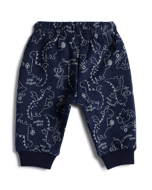 Chicco Navy Blue Joggers-Dino Printed-Cotton-For Infants