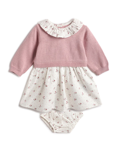 Chicco White & Pastel Pink Dress with Bloomer-Solid-Cotton-For Infants
