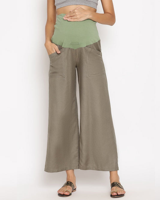 Wobbly Walk Olive Green Maternity Pant-Solid Color-Linen-Loose Fit-Bump Friendly