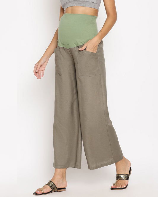 Wobbly Walk Olive Green Maternity Pant-Solid Color-Linen-Loose Fit-Bump Friendly