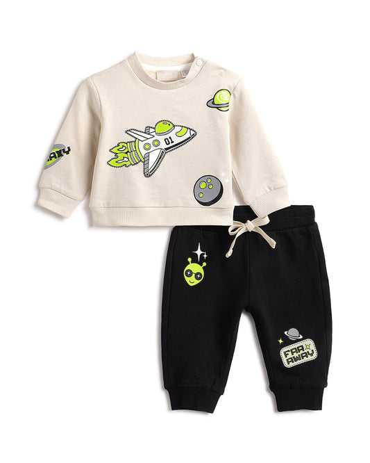 Chicco Peach Sweatshirt & Jogger Set-Space Print-Cotton-For Infants