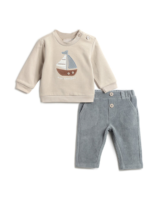 Chicco Beige & Grey Sweatshirt & Jeans Set-Boat Appliqued-For Infants