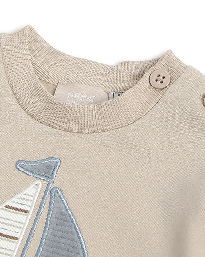 Chicco Beige & Grey Sweatshirt & Jeans Set-Boat Appliqued-For Infants