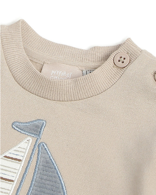 Chicco Beige & Grey Sweatshirt & Jeans Set-Boat Appliqued-For Infants