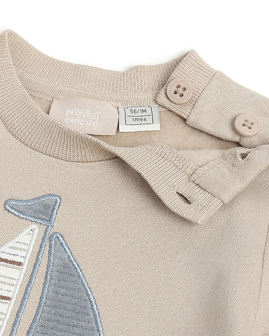 Chicco Beige & Grey Sweatshirt & Jeans Set-Boat Appliqued-For Infants