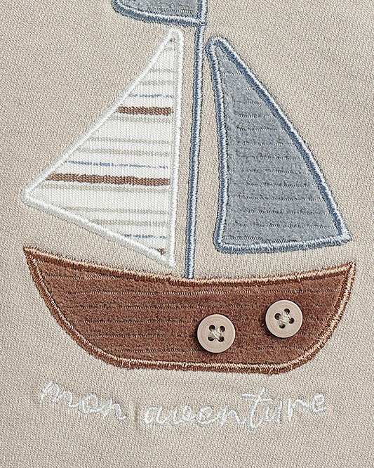 Chicco Beige & Grey Sweatshirt & Jeans Set-Boat Appliqued-For Infants