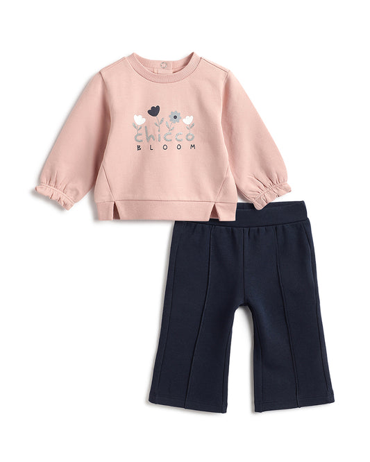 Chicco Pink Sweatshirt & Navy Blue Trouser Set-Glitter Print-Cotton-For Infants