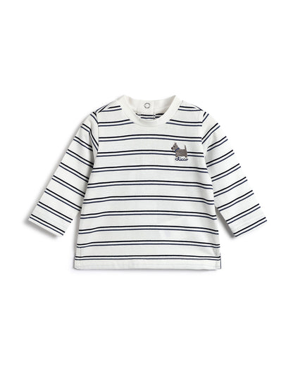 Chicco White & Blue T-shirt-Striped-Cotton-For Infants