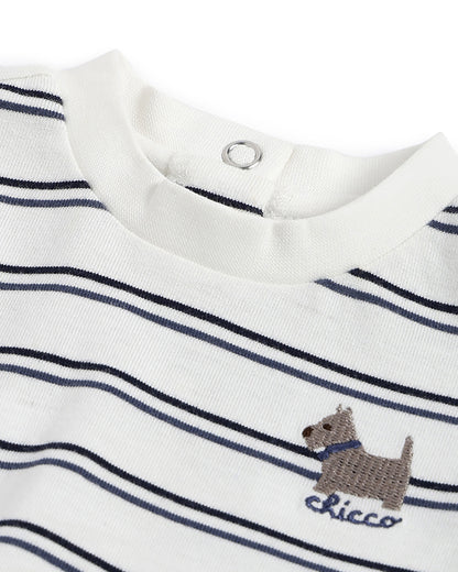 Chicco White & Blue T-shirt-Striped-Cotton-For Infants