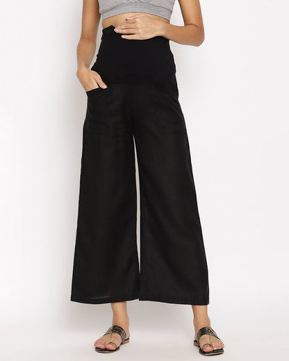 Wobbly Walk Black Maternity Pant-Solid Color-Linen-Loose Fit-Bump Friendly