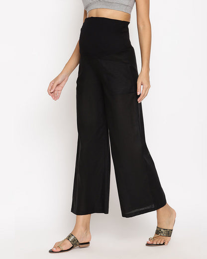 Wobbly Walk Black Maternity Pant-Solid Color-Linen-Loose Fit-Bump Friendly