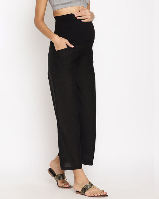 Wobbly Walk Black Maternity Pant-Solid Color-Linen-Loose Fit-Bump Friendly