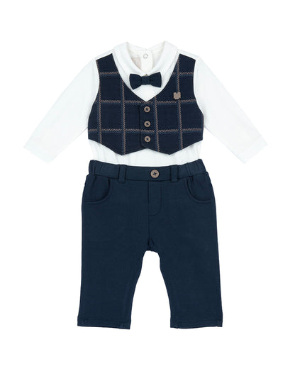 Chicco White & Navy Blue 3 Pc Bodysuit Set-Checked-Cotton-For Infants