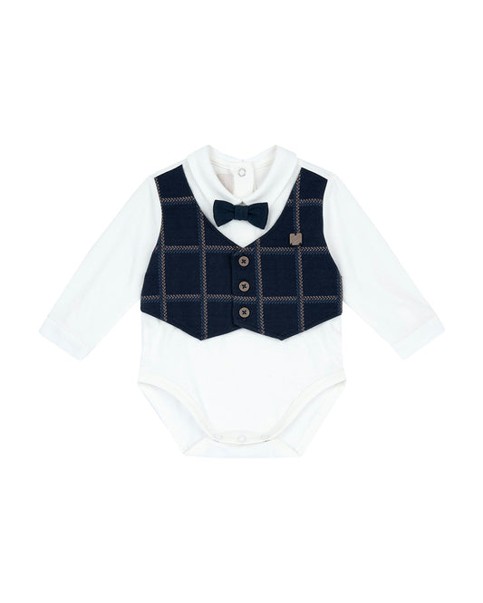 Chicco White & Navy Blue 3 Pc Bodysuit Set-Checked-Cotton-For Infants