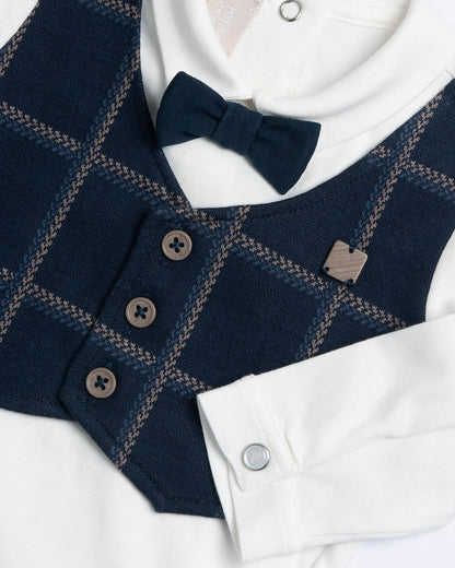 Chicco White & Navy Blue 3 Pc Bodysuit Set-Checked-Cotton-For Infants