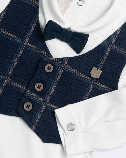 Chicco White & Navy Blue 3 Pc Bodysuit Set-Checked-Cotton-For Infants