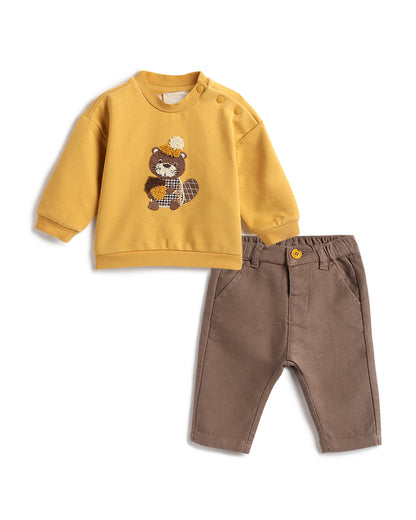 Chicco Yellow & Brown Sweatshirt & Jeans Set-Embroidered-Cotton-For Infants