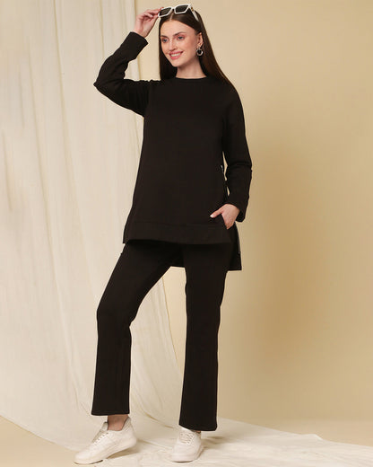 Wobbly Walk Black Maternity Nursing Fleece Coord Set-Solid Color-Cotton-Bump Friendly