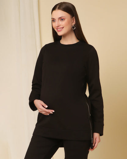 Wobbly Walk Black Maternity Nursing Fleece Coord Set-Solid Color-Cotton-Bump Friendly