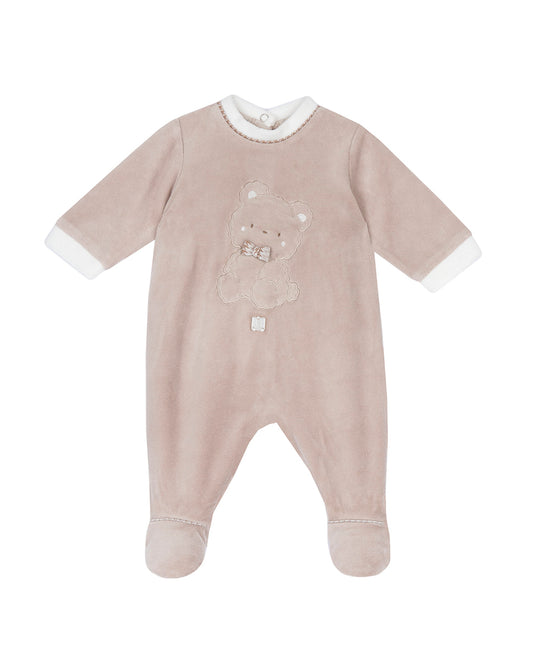 Chicco Beige Sleepsuit-Teddy Embroidered-Velvet-For Infants