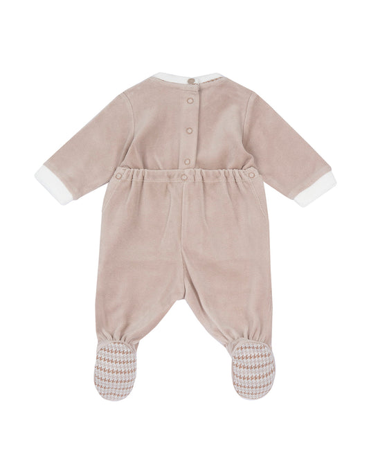 Chicco Beige Sleepsuit-Teddy Embroidered-Velvet-For Infants