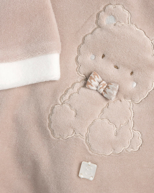 Chicco Beige Sleepsuit-Teddy Embroidered-Velvet-For Infants
