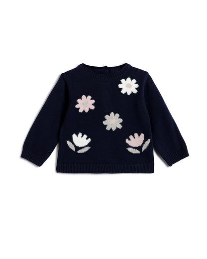 Chicco Navy Blue Sweater-Flower Embroidered-Cotton Wool-For Infants