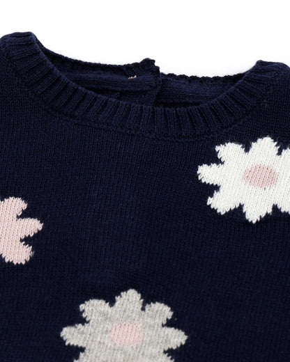 Chicco Navy Blue Sweater-Flower Embroidered-Cotton Wool-For Infants