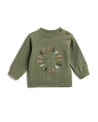 Chicco Army Green Sweater-Embroidered-Cotton Wool-For Infants