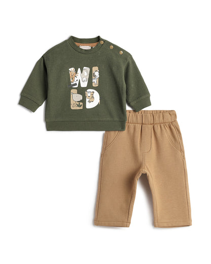 Chicco Army Green & Tan Sweatshirt Set-Printed-Cotton-For Infants