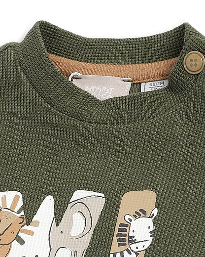 Chicco Army Green & Tan Sweatshirt Set-Printed-Cotton-For Infants