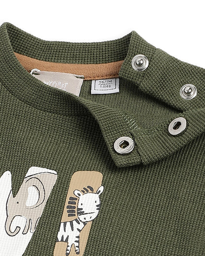 Chicco Army Green & Tan Sweatshirt Set-Printed-Cotton-For Infants