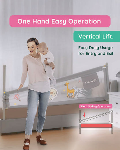 KidDough Three Sides Bed Rail Guard-With Button For Easy Entry & Exit-Tool-Free Installation-Durable Construction-With 28 Level Height Adjustment-6ft Height-Grey-For Babies