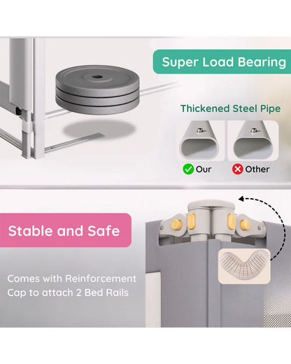 KidDough Three Sides Bed Rail Guard-With Button For Easy Entry & Exit-Tool-Free Installation-Durable Construction-With 28 Level Height Adjustment-6ft Height-Grey-For Babies
