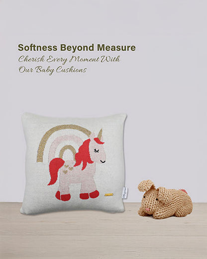 Pomme Unicorn Knitted Baby Cushion with Filler-White-For Infants