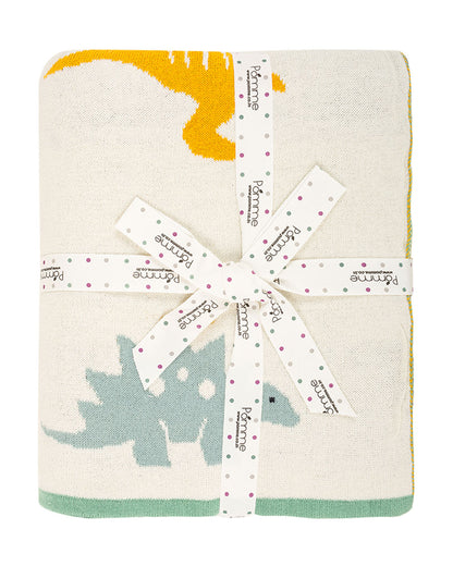 Pomme Dinosaur Family Knitted Ultra Soft 100% Cotton Blanket-White-For Infants
