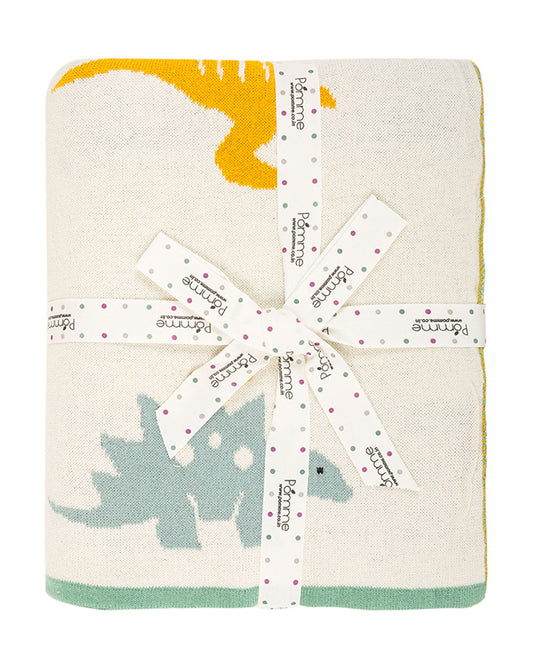 Pomme Dinosaur Family Knitted Ultra Soft 100% Cotton Blanket-White-For Infants