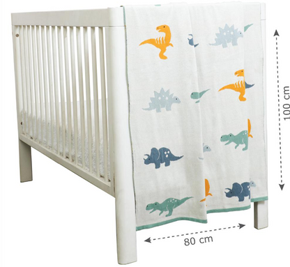 Pomme Dinosaur Family Knitted Ultra Soft 100% Cotton Blanket-White-For Infants