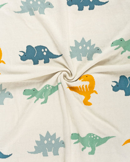 Pomme Dinosaur Family Knitted Ultra Soft 100% Cotton Blanket-White-For Infants