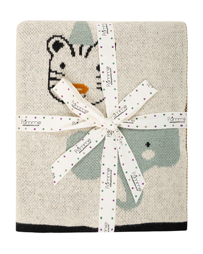 Pomme Jungle Safari Knitted Ultra Soft Blanket-100% Cotton-White-For Infants
