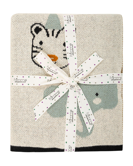 Pomme Jungle Safari Knitted Ultra Soft Blanket-100% Cotton-White-For Infants