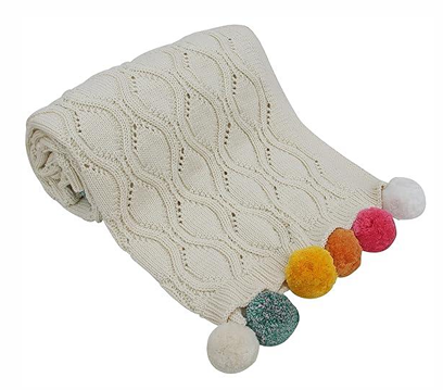 Pomme Pom-Pom Knitted Ultra Soft Blanket-100% Cotton-White-For Infants