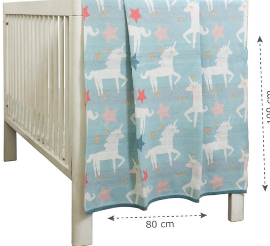 Pomme Unicorn Knitted Ultra Soft Blanket-100% Cotton-Cyan Blue-For Infants