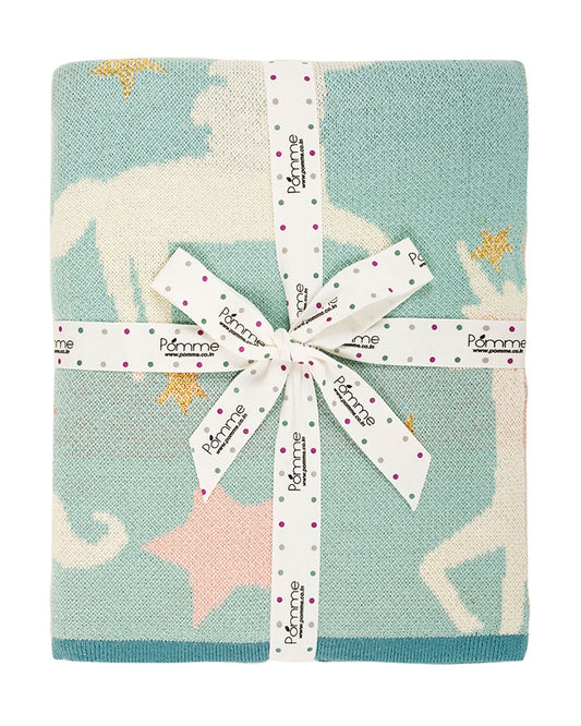 Pomme Unicorn Knitted Ultra Soft Blanket-100% Cotton-Cyan Blue-For Infants