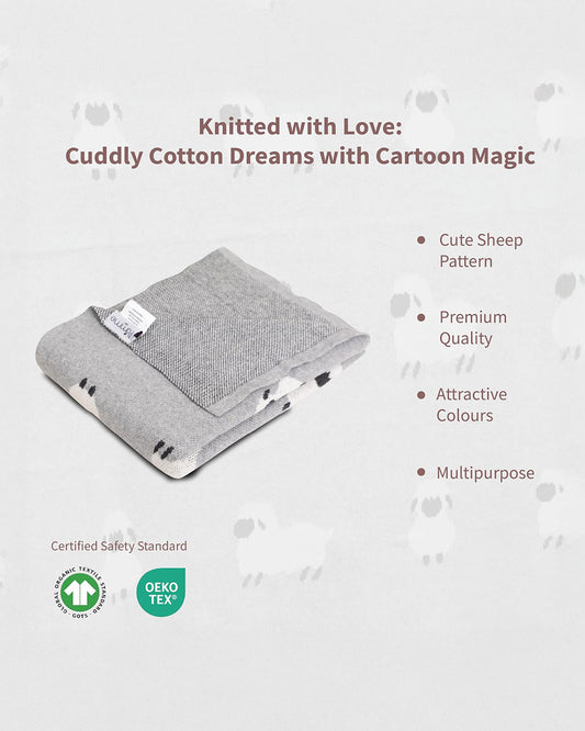 Pomme Sheep Knitted Ultra Soft Blanket-100% Cotton-Light Grey-For Infants