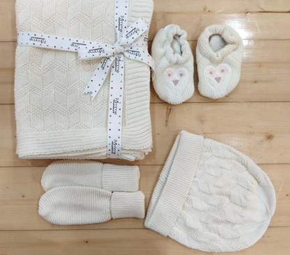 Pomme Newborn Essentials Knitted Gift Set For Baby Shower-Pack of 4-Beige Sleepy Owl