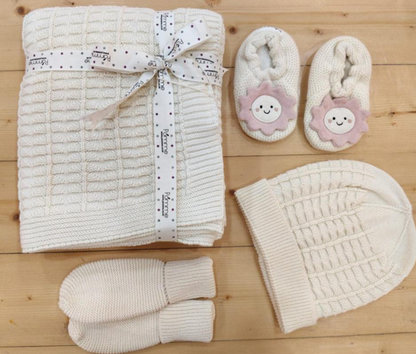 Pomme Newborn Essentials Knitted Gift Set For Baby Shower-Pack of 4-Beige Happy Sun