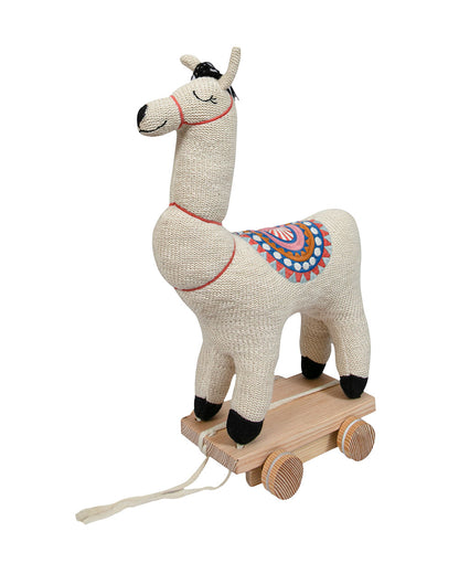 Pomme Ivory Lama With Wooden Cart-Knitted Push & Pull Toy-Soft & Cuddly-Easy to Wash-Improves Motor Skills-2M+