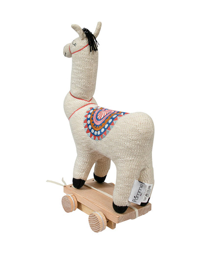 Pomme Ivory Lama With Wooden Cart-Knitted Push & Pull Toy-Soft & Cuddly-Easy to Wash-Improves Motor Skills-2M+