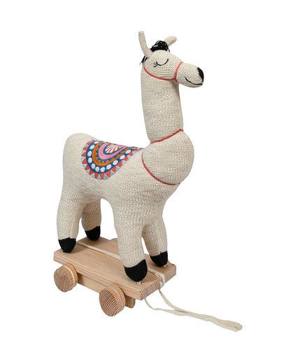 Pomme Ivory Lama With Wooden Cart-Knitted Push & Pull Toy-Soft & Cuddly-Easy to Wash-Improves Motor Skills-2M+